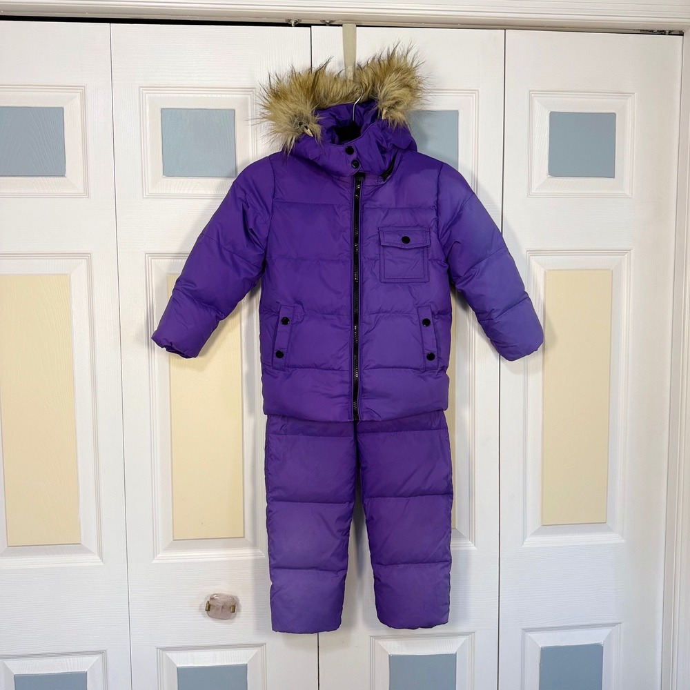 JiAmy Kids Purple Down Puffer Jacket & Bib Snowsuit Set 4-5Y Faux Fur Hood